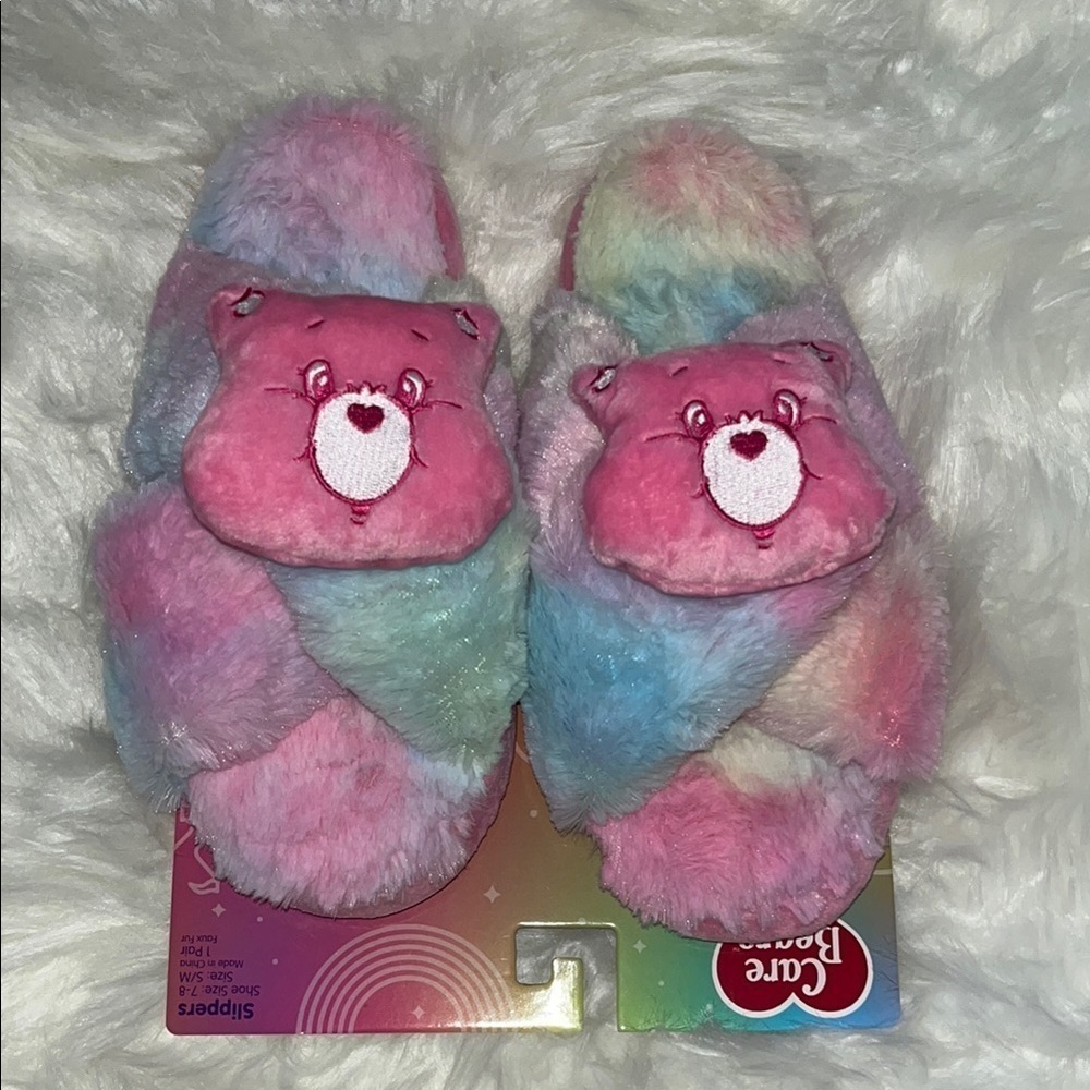 🆕 Care Bears Slippers Open Toe Crisscross Straps Pastel Rainbow Tye-Dye Size 7-8